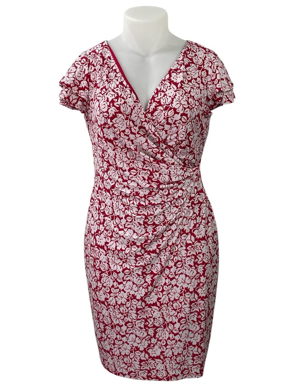 Lauren Ralph Lauren Red White Floral Flutter Sleeve Mini Faux Wrap Dress Size 12